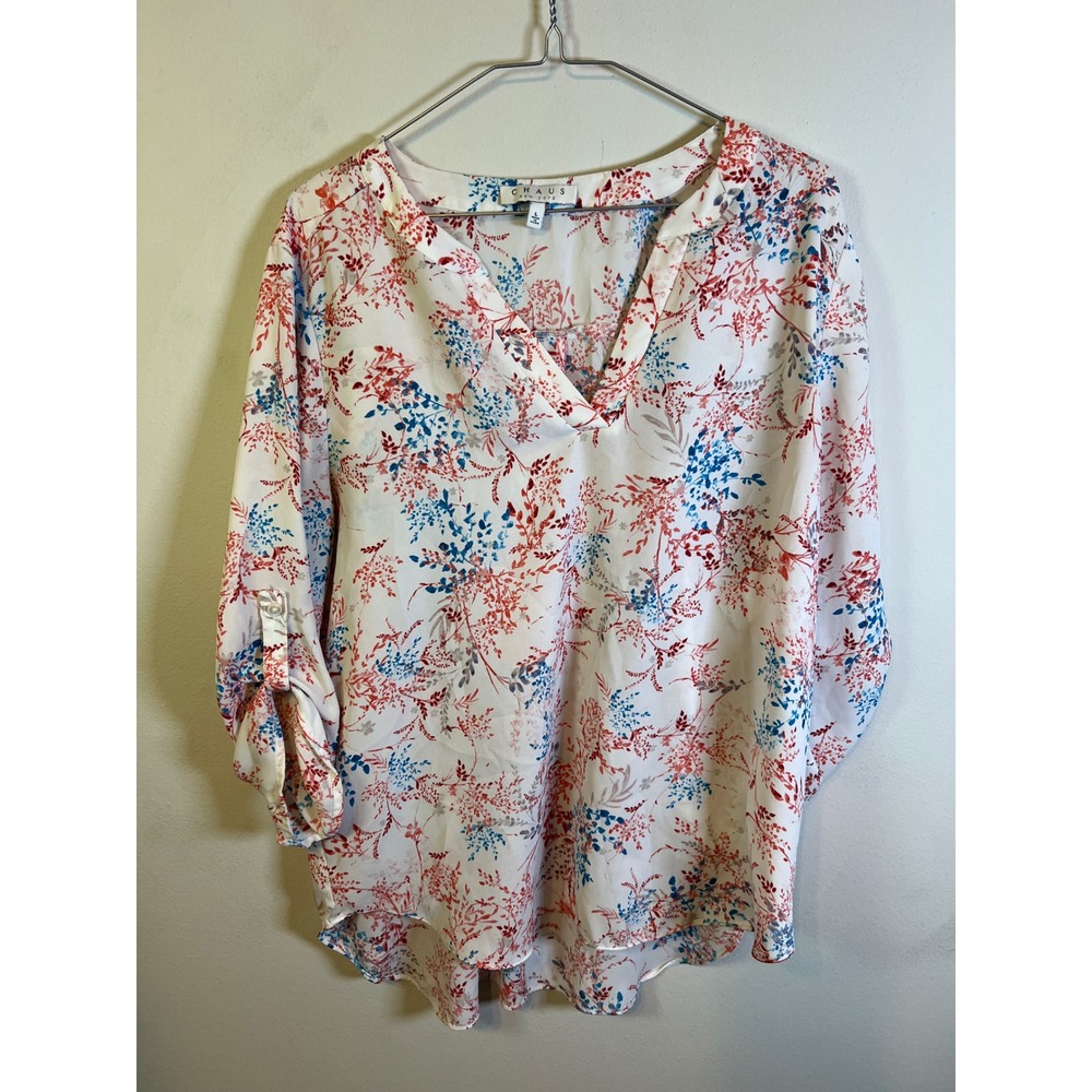 Chaus Women‎ Blouse Floral Leaf Print Roll Tab Sleeve White Red Blue Size L